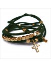 Mini charms croix sur daim noué vert perles en plaqué or - bijoux modernes - gag et lou - bijoux fantaisie