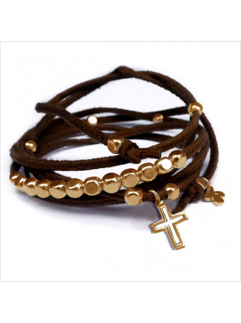 Mini charms croix sur daim noué marron perles en plaqué or - bijoux modernes - gag et lou - bijoux fantaisie