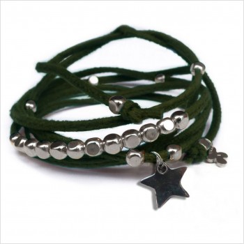 Mini charms étoile sur daim noué vert perles en argent - bijoux modernes - gag et lou - bijoux fantaisie