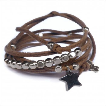 Mini charms étoile sur daim noué noisette perles en argent - bijoux modernes - gag et lou - bijoux fantaisie