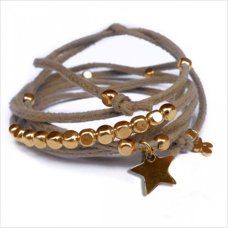 Mini charms étoile sur daim noué greige perles en plaqué or - bijoux modernes - gag et lou - bijoux fantaisie