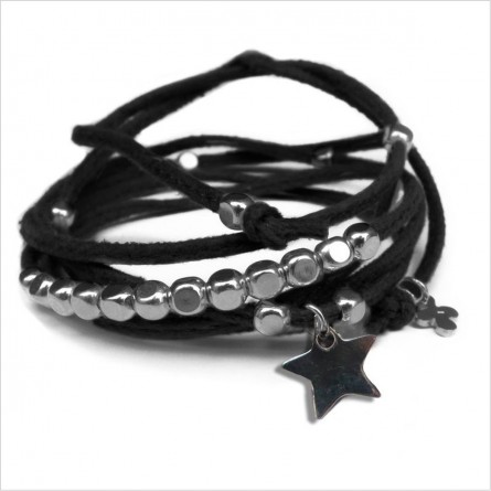 Mini charms étoile sur daim noué noir perles en argent - bijoux modernes - gag et lou - bijoux fantaisie
