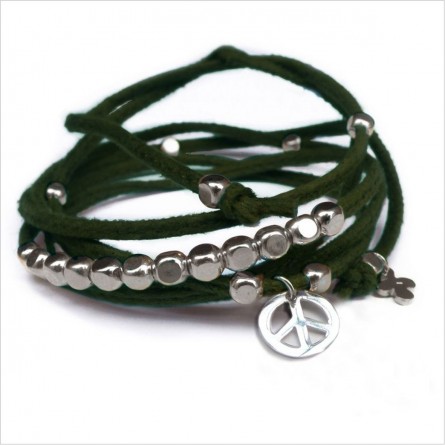 Mini charms peace sur daim noué vert perles en argent - bijoux modernes - gag et lou - bijoux fantaisie
