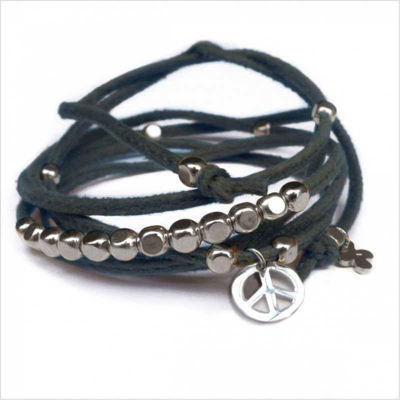 Mini charms peace sur daim noué gris perles en argent - bijoux modernes - gag et lou - bijoux fantaisie