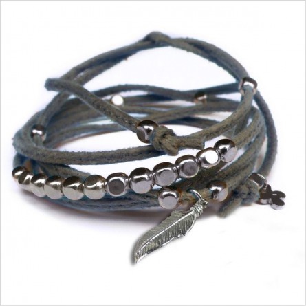 Mini charms plume sur daim noué gris perles en argent - bijoux modernes - gag et lou - bijoux fantaisie
