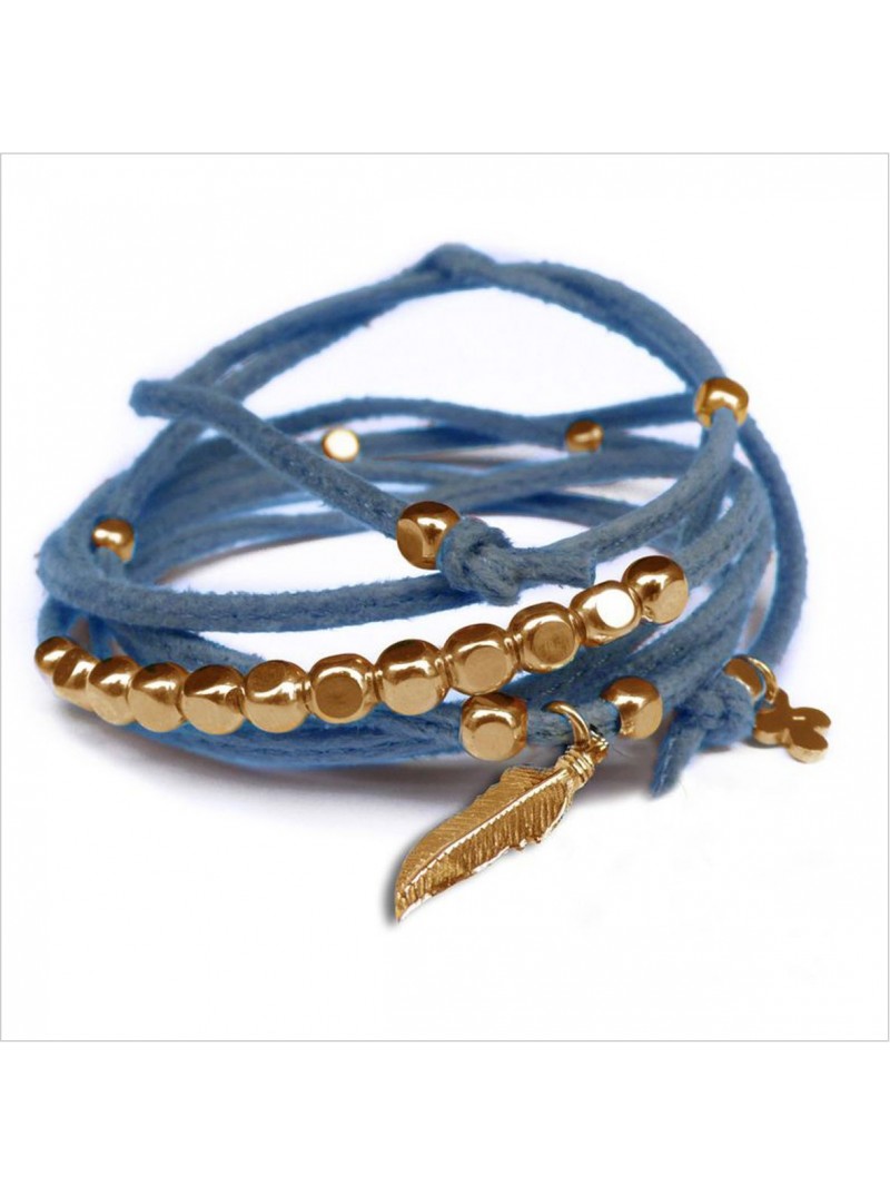 Mini charms plume sur daim noué jeans perles en plaqué or - bijoux modernes - gag et lou - bijoux fantaisie