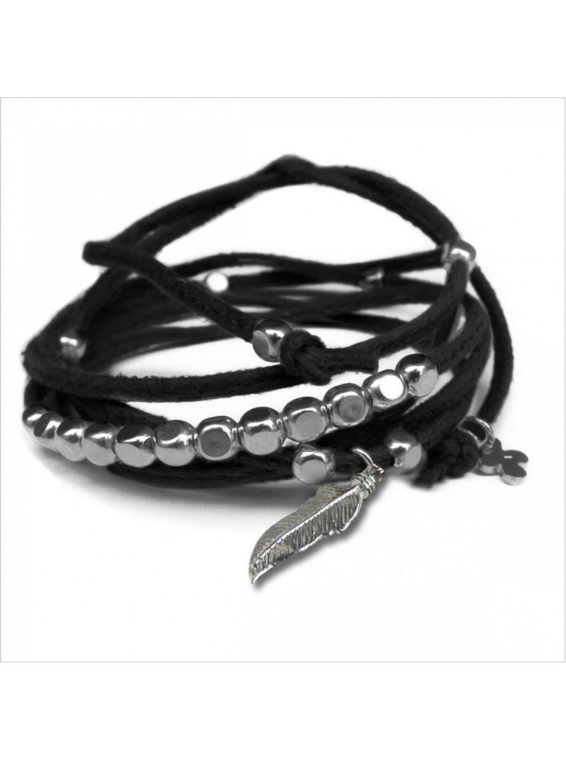 Mini charms plume sur daim noué noir perles en argent -  bijoux modernes - gag et lou - bijoux fantaisie