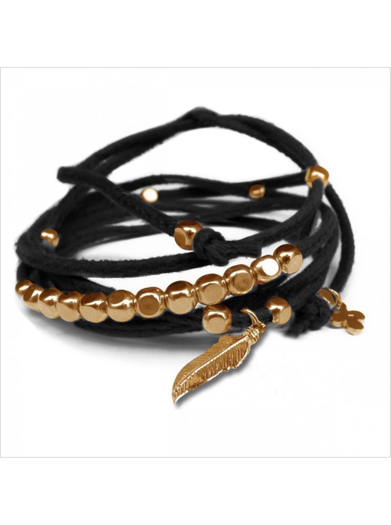 Mini charms plume sur daim noué noir perles en plaqué or - bijoux modernes - gag et lou - bijoux fantaisie