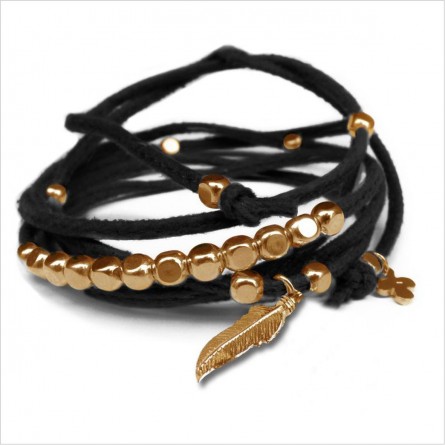 Mini charms plume sur daim noué noir perles en plaqué or - bijoux modernes - gag et lou - bijoux fantaisie