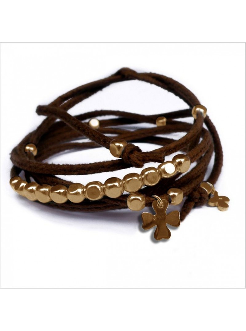 Mini charms trèfle sur daim noué marron perles en plaqué or - bijoux modernes - gag et lou - bijoux fantaisie