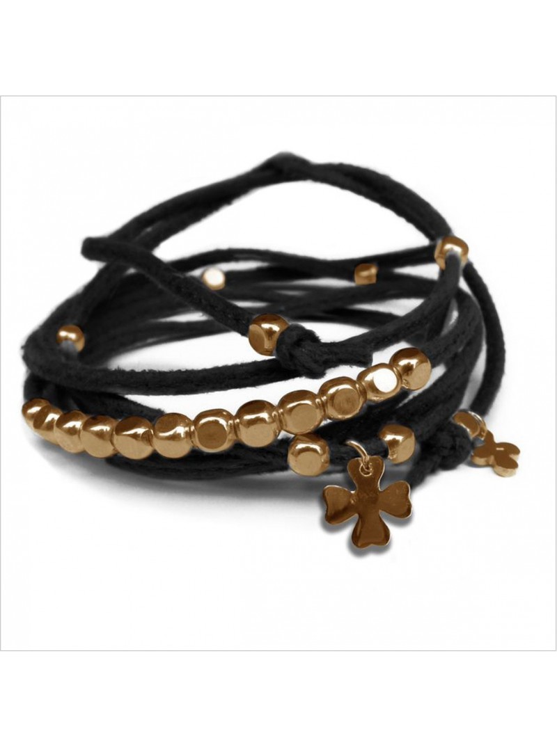 Mini charms trèfle sur daim noué noir perles en plaqué or - bijoux modernes - gag et lou - bijoux fantaisie