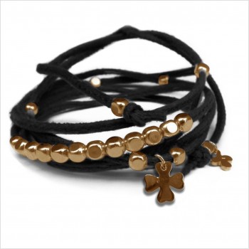 Mini charms trèfle sur daim noué noir perles en plaqué or - bijoux modernes - gag et lou - bijoux fantaisie